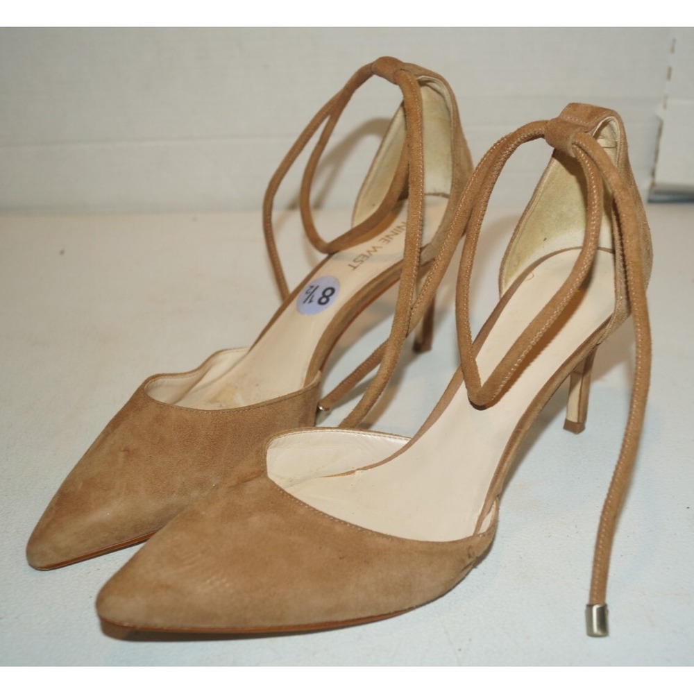Nine West Millenio Size 8.5 Suede Tie Wrap Pointed Toe Midi Heel Pumps Camel U73